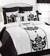 In black and white chic, this Santorino comforter set exudes elegance with a traditional flourish design, intricate quilting and embroidery and enough components to give your space a brand new look.