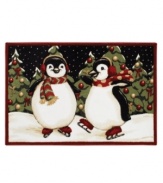 Bundled up for the winter weather, these ice-skating penguins are having a jolly good time!  Shaw's holiday rug adds a fun touch to your decor, constructed of recyclable nylon that adds a wonderful look to any room without the extra impact on mother nature.