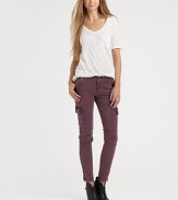 Skinny interpretation of the classic, stretch-cotton cargo style, finished with zippered pockets and cuffs. THE FITMedium rise, about 8Inseam, about 28THE DETAILSZip flyZippered slash pockets; cargo pocketsBack besom pocketsZippered cuffs98% cotton/2% LycraMachine washMade in USA of imported fabricModel shown is 5'11 (178cm) wearing US size 4.