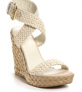 Stuart Weitzman Alex crochet espadrilles. Woven wrap ankle strap with adjustable buckle closure. 4.5 braided straw covered wedge with 1 platform.