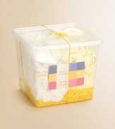 Welcome a little one into the world with a soft, sweet, generous assortment of baby basics, with yellow duckies, slender stripes and complementary dots and checks, all packed in a reusable clear box.