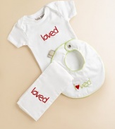 Three soft and comforting baby basics of plush cotton, adorably embroidered to remind everyone how special your little one is. The gift-boxed set includes: Snap-bottom, short-sleeve bodysuit Snap-close bib with terry backing Burp cloth Embroidery as shown Cotton Machine wash Made in USA