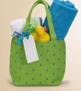 A handmade mini tote is filled to the brim with baby essentials for every new arrival. The adorable carry-all includes a hooded baby towel, coordinating washcloth with ribbon tie, toddler bib and a rubber ducky. Towel, 30 square Washcloth, 13 square Tote (natural jute fabric), 12W X 8½H X 4D Washcloth, towel, bib, cotton terry velour Machine wash Imported