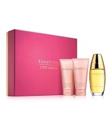 Capture her heart with these Beautiful treasures. It's the fragrance of a thousand flowers. Romantic. Tender. Memorable. Here in a precious, limited-time collection including 3 perfumed favorites in a signature gift box: Eau de Parfum Spray 2.5 oz., Perfumed Body Lotion 2.5 oz. and Bath and Shower Gel 2.5 oz.