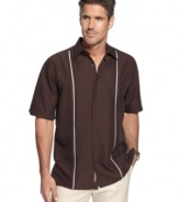 Go vertical. Straighten up your style with this short-sleeved, paneled shirt from Cubavera.