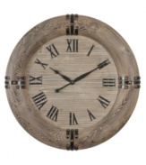 Put in the time with a handsome Dodson wall clock from Uttermost. Measuring over two feet across in natural wood with black metal numbers and antiqued nail heads, it's a handsome piece for down-to-earth settings.