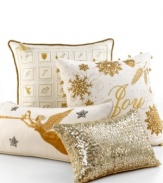 Joy to the world! Martha Stewart Collection brings the holiday spirit to your home with this decorative pillow, featuring golden snowflakes and ball trim. Finished with the embroidered word: Joy.