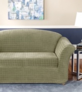 Geometric and modern, the Stretch Squares slipcover provides your two-piece loveseat with a chic, durable second skin. Due to its remarkable stretchability, it adjusts to any arm width and uniquely-contoured furniture with ease.