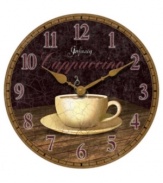 Turn your home kitchen into a cafe with one dreamy cup of cappuccino. A weathered finish adds antique flair to a wall clock with gold hands, numbered hours and the laid-back charm of a classic coffee shop.