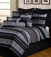 Ladylike lace, velvety ruffles and intriguing textures come together in midnight hues for a look that's all about mystery in the Noir Black comforter set. Featuring five decorative pillows, each embellished with unique details, as well as a quilted coverlet for an impressive ensemble with a stylish allure. (Clearance)