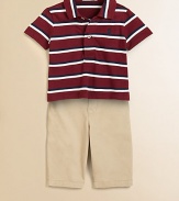 This adorable set pairs a lightweight striped polo with traditional chino pants and a bulldog ribbon belt for preppy, tailored style. Polo Shirt Pointed collarShort sleevesButton-front Pants Button closureBelted waistband with D-ring beltZip flyCottonMachine washImported Please note: Number of buttons may vary depending on size ordered. 