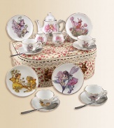 This heirloom quality children's set features a collection of Cicely Mary Barker's Flower Fairies. Each porcelain piece is hand-embellished in 22k gold. Set includes four plates, four tea cups & saucers, one tall tea pot, sugar & creamer and four stainless steel spoons all beautifully and safely stored in a fabric-lined trunk case.Beautifully gift boxed, 11.5W X 9H X 4DPorcelainPlate, 3.75DTea cup, 1.5 oz. 