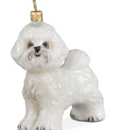 Lucky dog! Just begging for a home, this Bichon Frise ornament has puppy dog eyes and a beautiful coat in hand-painted glass by Joy to the World.