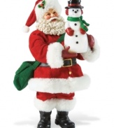 Holiday cheer! Santa and his good pal pose together for a display of Christmas happiness. Wearing matching red, green and black accessories, they bring festive style to your holiday decorations.