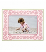 All around adorable, this Little Girl with a Curl picture frame from Gorham surrounds childhood memories in swirls of cheery pink. With apple-green trim.