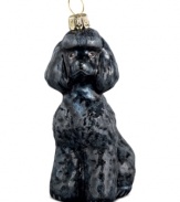Just begging for a home, this toy poodle ornament has puppy dog eyes and a beautiful coat in hand-painted glass by Joy to the World.