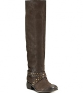 Boutique 9's studded wrap boots echoe Wild West style. Tame it--just a little--with a feminine dress.