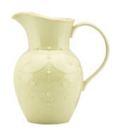 With fanciful beading and an antiqued edge, this Lenox French Perle pitcher has an irresistibly old-fashioned sensibility. Hardwearing stoneware is dishwasher safe and, in a soft pistachio hue, a graceful addition to every meal. Qualifies for Rebate
