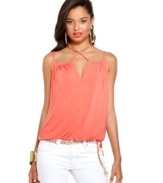 A choker-style halter neck wrapped in gold imparts urban cool to a top fit for the Hampton's! From Baby Phat.