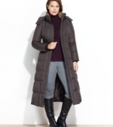 London Fog's plus size maxi-length puffer is trimmed with luxurious faux fur. Wear it with the detachable hood for extra protection against the elements!
