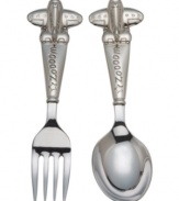 Here comes the airplane! Deliver your baby's meal via the adorable Zoom Zoom fork and spoon set from Reed & Barton. Child-friendly handles engraved with the sound of the aircraft's engine end in cute, cartoonish jets.