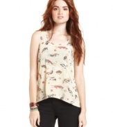 Rock cute style on laid back days! This racerback tank top from American Rag features a fun car-print and high-low hem.