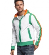 Show off your sporty side with this zip front hooded jacket from INC International Concepts.