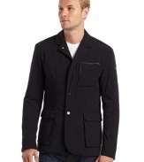 THE LOOKSingle-breasted jacket with notched lapelsButton flap over two-way front zip closureZippered chest pockesLower snap flap pocketsLong sleeves with adjustable button cuffsUnderarm ventsBack walking ventThermal quilted liningTwo inner security pocketsTHE FITAbout 30 from shoulder to hemTHE MATERIALNylonFill: polyesterCARE & ORIGINMachine washImported