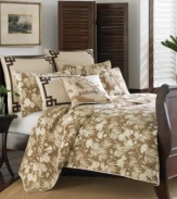 A clean ivory background embellished with a brown twill tape border comes together in this Plantation Floral Coconut European sham from Tommy Bahama. Envelope closure.