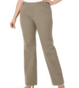 Plus size fashion that lets you go from day to sophisticated play. These pants from Dockers' collection of plus size clothes are wardrobe essentials-- and the built-in slimming panel lends a sleek shape!