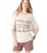 Dress like a street-chic cowgirl in this sweater from American Rag that boasts two-tone fringes and an awesome slub-knit design.