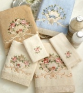 Add an elegant dash of English grace to your powder room with Avanti Rosefan finger tip towels. Embroidered with a delicate flower design and finished with a textured jacquard border.