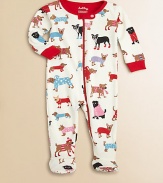Dressed in their doggie sweaters and ready for a winter walk, a whole kennel's worth of perky pooches adorns this adorable cotton knit print.Ribbed crewneckSnap neck tabFront and leg zipperLong sleeves with contrast ribbed cuffsFeet with non-slip dots on solesCottonMachine washImported