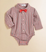 A classic plaid button-down one-piece for your little boy is handsome and sophisticated with a bow tie and bottom snaps for easy on and off.Shirt collarLong sleeves with button cuffsButton-frontBottom snapsCottonMachine washImported Please note: Number of buttons/snaps may vary depending on size ordered. 