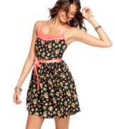 A tutti-frutti print brings on the fun while a ribbon belt keeps things girlish on this super sweet, a-line frock from American Rag!