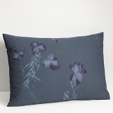 Edo-period inspired irises on rice paper done with grey bamboo printed on percale in colors of late evening. Duvet has hidden button closure. Duvets and shams are self-reversing.