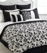 Finished with a chic black and white flair, the Carrington Leaf comforter set boasts a flourishing vine and leaf design for a simply elegant appeal. Shams and decorative pillows are embellished with a geometric diamond pattern and pleating details for added style and texture. (Clearance)