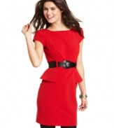 Prim and sophisticated, BCX's belted peplum dress pairs sleek style with feminine design.