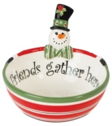 Gather family and friends around the table and admire this whimsical Fitz and Floyd snowman tidbit bowl. Festive stripes, an over-the-top hat and the sentiment inside get everyone in the spirit.