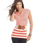 Layer your favorite skinny jeans with this striped tee supreme from BCX! Comes with a cute, waisting cinching belt!