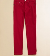 Ultra-sleek with a hint of stretch in a slim-fitting silhouette with authentic jean-style detailing in a bold hue.Front button closureWaistband with belt loopsZip flyFront slash pocketsBack patch pockets98% cotton/2% spandexMachine washImported