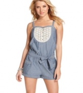 High-level cute is in full effect on this chambray romper, thanks to a knitted bib design and chic belted style! From Jessica Simpson!