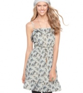 A feminine bird print and ruffles create a fresh, fashionable look on this Ultra Flirt dress.