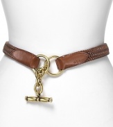 Define your waistline with this woven leather belt from Lauren by Ralph Lauren. Boasting a brass toggle closure, it lends a classic, all-American finish.