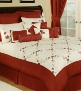 Deep red brings a romantic touch to your room in this Chelsea comforter set, featuring a delicate floral design flowing on a crisp white ground. Comes complete with coordinating window treatments, shams, and six decorative pillows for a graceful new look full of depth and style.