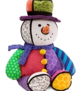 The classic snowman, iconic of the holiday season, comes to life with a fancy top hat and bold colors in this cuddly plush toy. From acclaimed Brazilian artist Romero Britton.