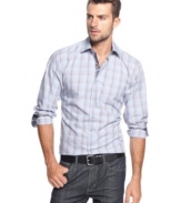 Get decked out in plaid perfection with this stylish button down shirt by Tallia Orange.