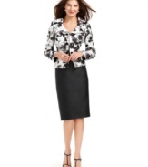 A military-inspired look takes a chic twist with an abstract print and three rows of double-button closures on the jacket, lending this shantung skirt suit from Le Suit unique appeal.