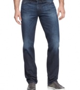 These classic Lincoln straight leg dark wash distressed jeans by Guess Jeans pairs well with anything -from casual to dressy. These jeans can be worn with sandals, kicks, or dress shoes. A must have.