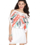 Dress like a living doll in this colorful, warm-weather frock from Rampage! A delicate lace trim and splash of painterly print adds infinite vibrancy to this blouson dress!